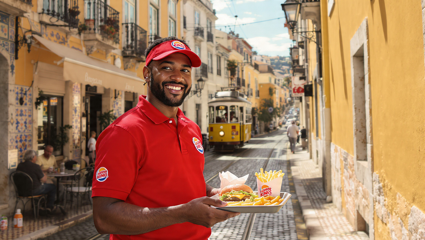Burger King Jobs in Portugal Scene: Sunny day in Lisbon's bustling street with historic yellow tram in background, Portuguese azulejo tiles on buildings, Tagus River glimpse. In foreground, a friendly 25-year-old diverse crew member (mixed ethnicity, smiling warmly, wearing red Burger King uniform, visor hat, holding a tray with Whopper burger and fries). Subtle Burger King logo on uniform and tray, lively fast food vibe with customers blurred in cafe setting. Style: hyper-realistic photography, vibrant colors, high contrast, appetizing food details, welcoming hospitality feel, National Geographic quality, sharp focus, cinematic lighting with warm sunlight. Composition: Crew member centered-left, empty space on right third for text overlay (title), no text on image, no cartoon, clean professional look. Aspect ratio exactly 16:9, 1792 × 1024 pixels or higher, 8K quality, ideal for WordPress featured image and social media thumbnail.