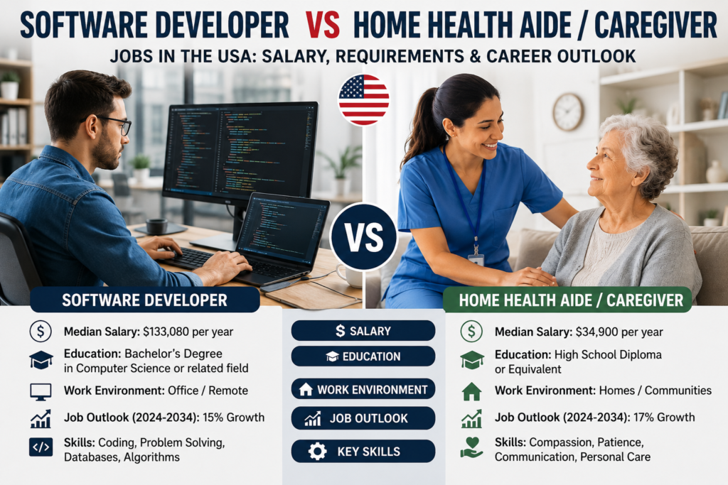 Software Developer vs Home Health Aide / Caregiver Jobs in the USA: Salary, Requirements and Career Outlook